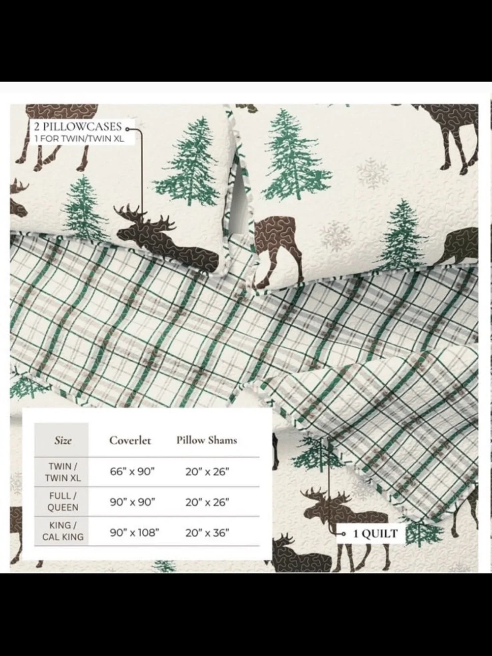 Rustic Moose Print Quilt Set - White and Green Twin microfiber